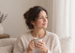 Woman sitting quietly with a cup of tea during the two-week wait after IVF