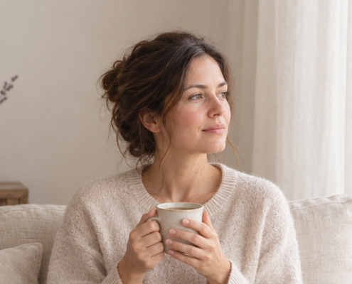 Woman sitting quietly with a cup of tea during the two-week wait after IVF