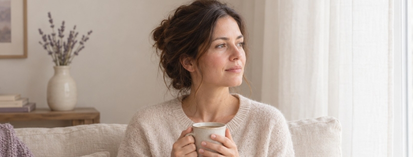 Woman sitting quietly with a cup of tea during the two-week wait after IVF